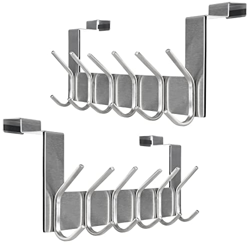 SKOLOO Türhaken Zum Einhängen mit 6 Haken, Metall Türgarderobe Türhaken Innenseite - 2 Stück Kleiderhaken Tür für Handtuchhalter, Mäntel, Silber