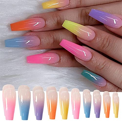 24PCS Long Coffin False Nails with Glue Stickers,Ballerina Coffin Full Cover Acrylic Press on Nails no Glue,Rainbow Gradient French Fake Stick on or Women and Girls Art