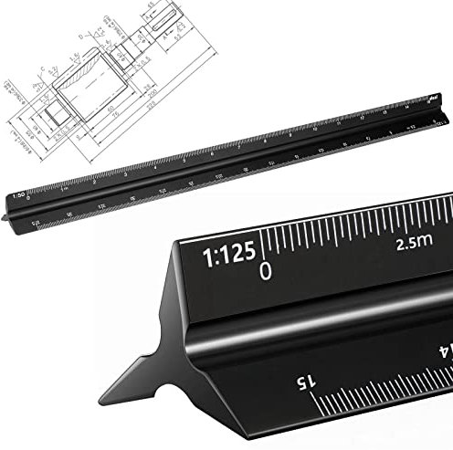 Dreikantmaßstab Maßstab Lineal Dreikant Tragbar Dreikantmaßstab Aluminium 1:20, 1:25, 1:50, 1:75, 1:100, 1:125 Dreikantmaßstab Lang 30 cm für Architekten Studenten Ingenieure Bautechnik, Schwarz