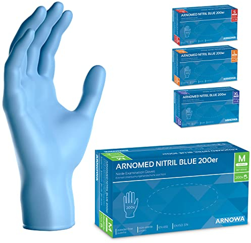 200x ARNOMED Einweghandschuhe Blau, Einmalhandschuhe M, Nitrilhandschuhe puderfrei, Handschuhe Einweg latexfrei, Gummihandschuhe Einweg, Handschuhe Nitril, Einmalhandschuhe in S, M, L & XL
