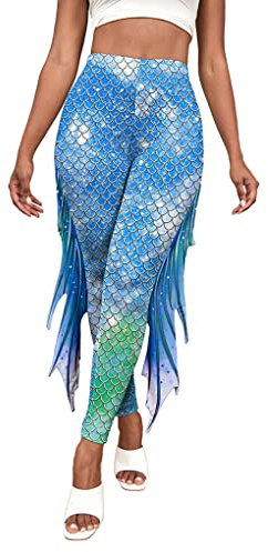 ORANDESIGNE Damen Meerjungfrau Leggings mit Flossen Hohe Taille Fischschuppen Strumpfhosen Halloween Karneval Kostüm Skinny Hose Mermaid Trousers Schuppenmuster Leggings A Blau XS