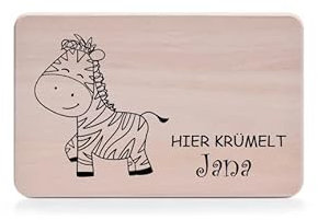 Individuelles Holzbrett mit Gravur für Kinder - Personalisiertes Frühstücksbrettchen - viele niedliche Motive - Brettchen mit Namen - ca. 22 x 14 cm (Zebra)