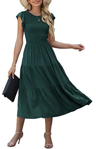 GRECERELLE Womens Summer Maxi Dress - Casual Midi Smocked Ruffle Sleeve Elastic Waist Crew Neck Tiered Cocktail Long Dresses for Ladies (Dark Green, L)