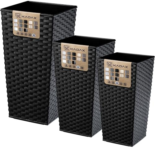 KADAX Set di 3 vasi alti per piante, Nero Rattan, H 57,5/68 / 75,5 cm – vaso da giardino resistente, fioriera decorativa per piante