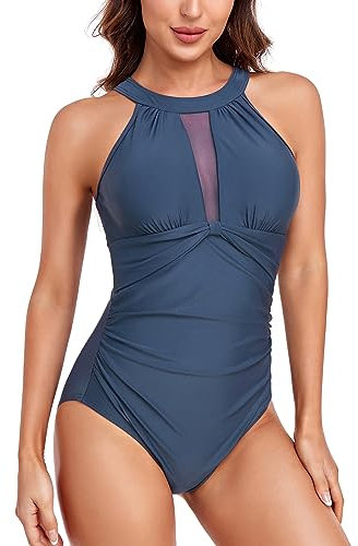 Ruched One Piece Swimsuit Tummy Control Swimming Costume for Women Vintage Mesh Bikini Bathing Suit Swimwear(L-ZL) Navy
