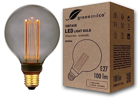 greenandco Vintage Design LED Birne zur Stimmungsbeleuchtung | E27 G95 | smoke | 4W 100lm | 1800K extra warmweiß | 320° | 230V | flimmerfrei | nicht dimmbar | Edison Glühbirne
