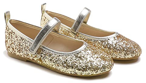 Feversole Girls Cute Dress, Mädchen süßes Kleid Mary Jane Schuhe weiche Party Urlaub Ballerinas Gold Funkeln Größe 30 EU