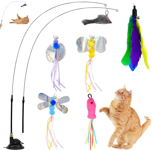 Interaktives Katzenspielzeug Intelligenz Katzen Spielzeug Interaktiv Katzenangel Stabil Cat Toys mit Federn und Saugnapf Simucatstick Kätzchen Zauberstab Schmetterling für Große Kleine Katzen (Stil 2)