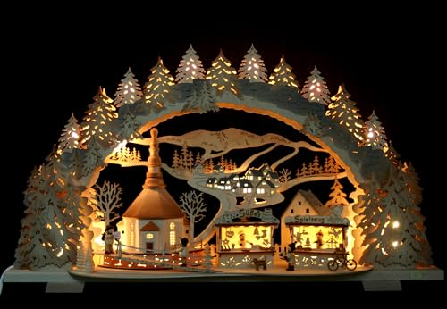 Tietze Erzgebirgsdesign Großer 3D 72cm Schwibbogen Kirmes - Weihnachtsmarkt mit Seiffener Kirche inkl. BONUS-Aufsetzhäuschen inkl. - (Ausführung exclusiv schattiert)