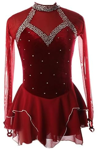 JRUIA Eiskunstlaufkleid Für Kinder/Mädchen Für Den Wettbewerb Klassischer Damen-Gymnastikanzug Aus Samt Aktive Kleidung Rollschuh-Trainingsrock,Rot,XXL