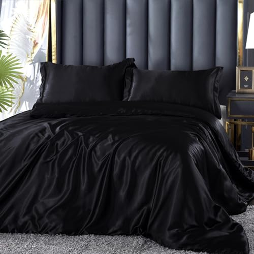 DXHOME Bettwäsche 155x220 Satin Schwarz Seide Glänzend Sommer Bettwäsche-Sets Einfarbig Glatt Luxus Glanzsatin Microfaser Bettbezug Set Einzelbett mit Reissverschluss und Kissenbezüge 80x80 cm