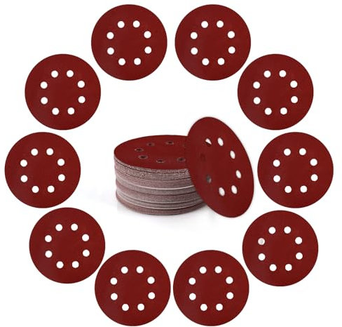 125mm Sanding Discs 8-Holes Aluminum Oxide Sandpaper for Woodworking with Hook and Loop for Random Orbital Sander 180 Grit, 50-Pack