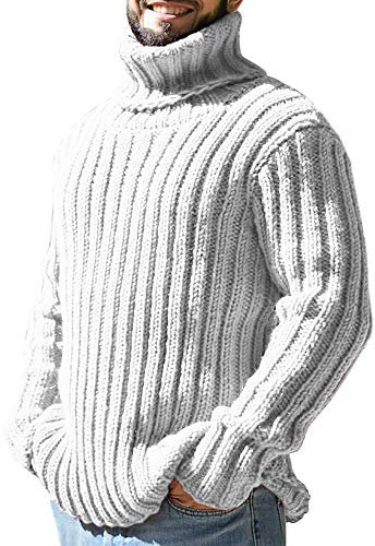 Runcati Men's Turtleneck Pullover Cable Knit Autumn Winter Chunky Knit Plain Jumper Sweater, White, L
