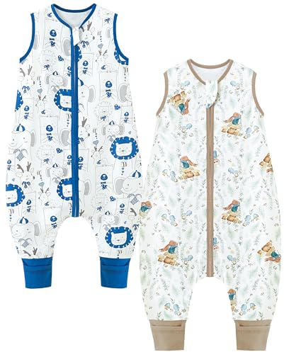 Chilsuessy 2er Pack Baby Sommerschlafsack mit Füßen 0.5 Tog Kinder Schlafsack mit Beinen 100% Baumwolle Schlafstrampler für Jungen Mädchen, Cartoon Zoo + Kaninchen Home, 70cm/Baby Höhe 80-90cm