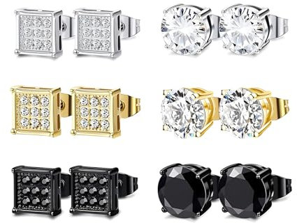 HinDaLi 6 Paires Boucles d'oreilles Diamant Homme Noir Clous d'oreilles Diamant Acier Inoxydable Doré Boucles d'oreilles Argent Femme Boucles d'oreilles Homme Or Boucles d Oreilles Femme Argent