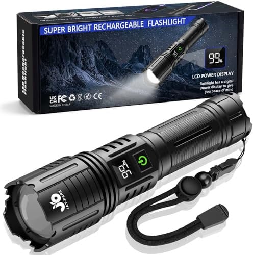 JAY-PARK Taschenlampe LED Aufladbar 1000000 Lumen, Extrem Hell, Starke Taschenlampen 5 Lichtmodi, Zoombar, IP67 Wasserdicht für Camping, Wandern, Notfälle