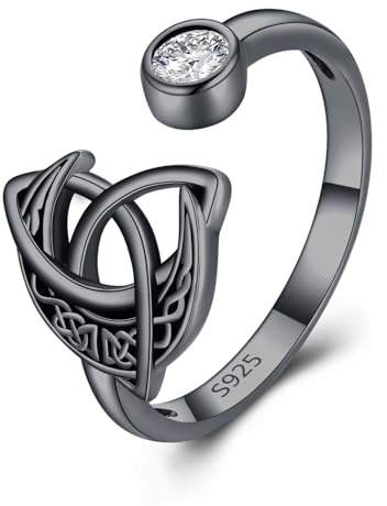 Keltischer Knotenring für Damen 925 Sterling silber verstellbarer Zirkonia Mondring irischer Schmuck schwarzer keltischer Schmuck