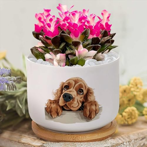 Yelolyio English Cocker Spaniel Planters Ceramic Puppy Doggy Round Flower Pots with Drainage Holes And Bamboo Tray Plant Pot for Outdoor Indoor Plants House Warming Gifts