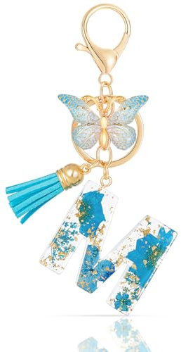 MWOOT Letter Keychains Initiale Lettre Porte Clef Lettre M,Alphabet Initial Keyring avec Papillon Pendentif,Bleu Pétales Feuille D'or Key Ring pour Femmes Filles Portefeuilles Sac à Main Charme (M)