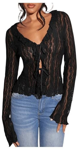 GORGLITTER Women's Lace Sheer Tie Front Tops Deep V Neck Low Cut Sexy Long Sleeve Slim Fit Shirts, Black, L