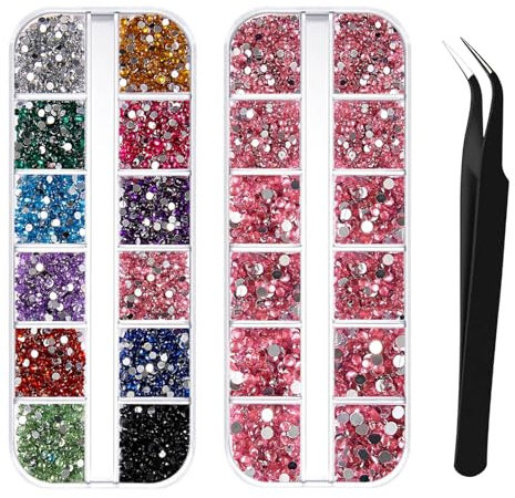 3000Pcs Rhinestones, Nail Gems for Nail Art, 3 Sizes Flat Back Gems, Crystals Nail Rhinestone, Nail Art Tools for Crafts with Pick Up Tweezer (Pink+Multi-colored)