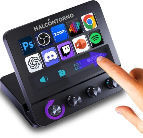 HALCONTORNO Stream Dock - Mirabox Steamdeck for PC Mac, Wired Streaming Controller for Content Creators Gamers, Programmable Macro Keyboard, Volume Control, 10 Macro Keys, (N4E with Screen & Knobs)