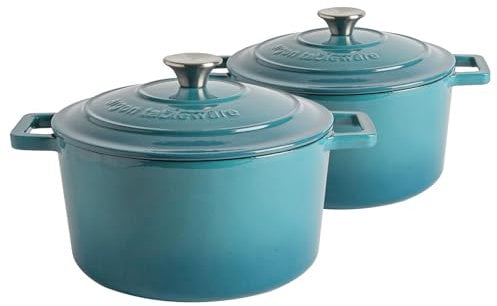 Argon Tableware 4.5L Round Cast Iron Casserole Dishes with Self-Basting Lids - Teal Ombre - 2x Induction Hob Cooking 4.75QT Dutch Oven Bread Baking Serving Roasting Stew Stock Pot Cookware Pan