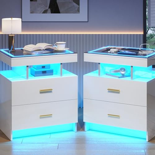 Gurexl Set of 2 LED Bedside Table with Wireless Charging Station, Glass Top Bedroom Smart Nightstand with Smart Night Stand with 2 Drawers Modern Bedside Table for Bedroom, Living Room(White)
