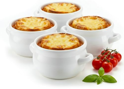 KooK Französische Zwiebelsuppentöpfe mit Griffen, Keramik, spülmaschinen-, mikrowellen-, ofen- und bratfest, Weiß, 4 Stück, 530 ml