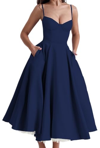 CZMYCBG Robe de Cocktail Vintage Style Corset pour Femme, Robe Bustier Mi-Longue Élégante et Sexy À Bretelles Spaghetti(Blue,S)