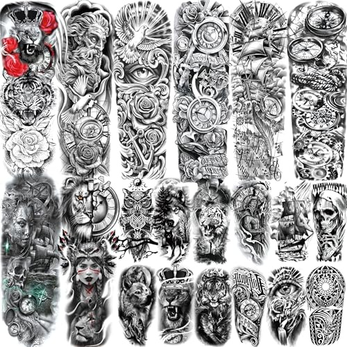 20 Blätter Schwarz Schiff Temporäre Tattoo Herren Damen Klebetattoos Erwachsene, Piraten Klebe Tattoos Zum Aufkleben Männer Frauen, Poseidon Gott Zeus Anker Kompass Fake Tattoos Aufkleber Haut