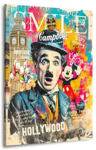 Kunstgestalten24 | Pop Art Wandbild Charlie Chaplin & Icons auf Leinwand mit Echtholz-Keilrahmen – bunte Retro-Deko für Wohnzimmer, Büro oder Loft | 30x40x2cm
