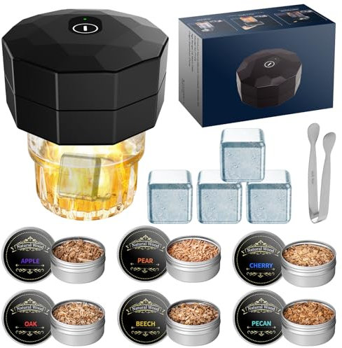 Whiskey Smoker Kit with 6 Wood Chips, Built-in Electric Lighter, No Butane Needed, Rechargeable Cocktail Smoker Kit, Bourbon Old Fashioned Drink Smoking Kit, Smokers Gift for Men Dad Husband Boyfriend