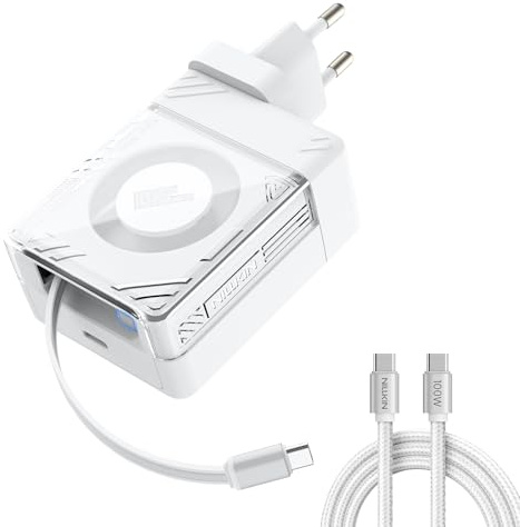 Nillkin USB C Ladegerät 65W GaN Schnellladegerät,2-Port PPS Netzteil mit Einziehbarem 73 cm Kabel + 180 cm USB C Kabel,Kompaktes Reiseladegerät kompatibel mit MacBook Pro/Air,iPhone 17-8,iPad-weiß