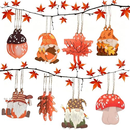 16 Pcs 6cm Autumn Decorations, Wooden Hanging Tree Ornaments with with Maple Leaves, Acorn and Mushroom,Pendants for Harvest Fall or Halloween Home Decor
