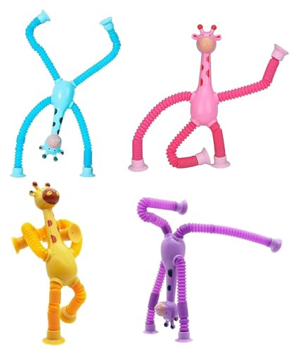 4 Stück Saugnapf Spielzeug Kinder, Teleskop Saugnapf Giraffe, Saugnapf Spielzeug Baby, Lustiges Pädagogisches Stressabbau-Spielzeug für Kinder Erwachsene