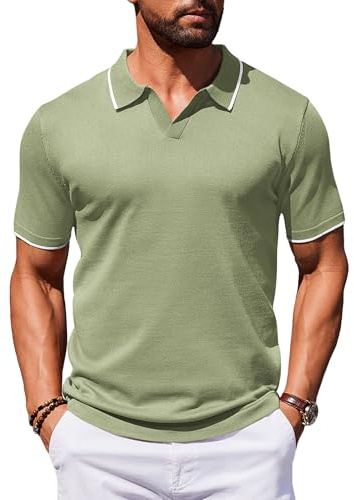 COOFANDY Men Polo T Shirt Golf Polos for Men UK Adult Short Sleeve Knitted Casual Plainn Tops Summer Tee Light Green L