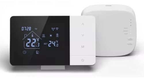 BlesConi Thermostat de chaudière sans fil avec application et commande vocale pour chauffage et refroidissement, programmable, compatible avec Tuya et Smart Life, noir et blanc (sans Wifi)