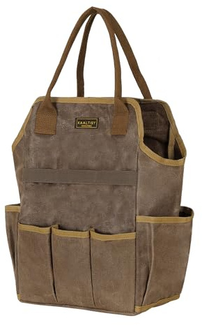 Canvas Garden Tool Bag, 16OZ Waxed Canvas Garden Tools Storage Tote - with 3 Inner Slots & 8 Outer Pockets, Multi-Functional Tool Organizer Bag for Gardener Florist Workshop | Grey | 25x16x40 CM