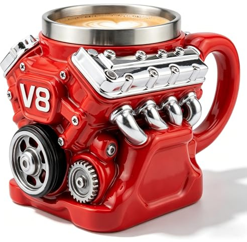 VEGOATY V8 Motor Kaffeetasse, 350ml Doppelwandige Edelstahl Isolierbecher Mit Detailliertem 3D Design, Robuste Resin Außenhülle, Perfektes Auto Thema Geschenk Für Männer, Väter & Auto Enthusiasten