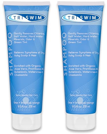 TRISWIM Champú anticloro | Cuidado para después del baño | Champú hidratante anticloro vegano para nadadores | Elimina el tinte verde | Lima y mango 251 ml (Pack de 2)