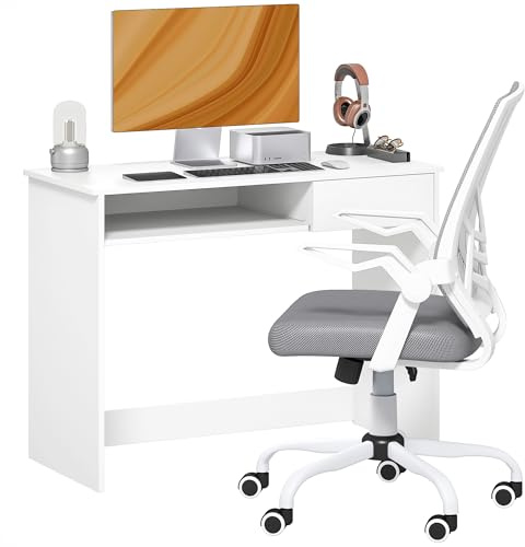 Vinsetto Home Office Chair and Computer Desk Set, Mesh Chair with with 90° Flip-up Armrest, Study Desk with Keyboard Tray and Drawer, White and Grey
