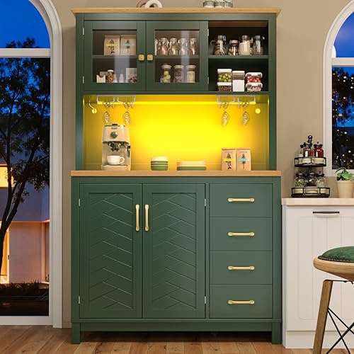 Lahoomu Seitenboard/Aufbewahrungsschrank/Küchenschrank/Buffetschrank, 105.5x40x180cm, 4 Türen, mit LED-Lichtleiste & Getränkehaltern, Grün