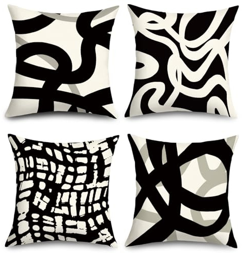 Joymaison Kissenbezüge 45x45 4er Set Schwarz Weiß Minimalistisch Abstrakt | Deko Kissenhülle Geometrisch Moderne Linie Streifen Grau Künstlerisch Dekorative Kissenbezug Kissen für Couch Sofa