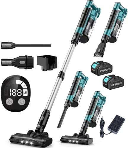 Aspirapolvere Senza Fili 60KPa/700W/70Min, Scopa Elettrica Senza Fili Anti-Groviglio Touch Screen LED, con 2*4,0Ah Batterie Rimovibile, Autoportante E Ricarica A Parete, per Animali/Pavimenti/Auto