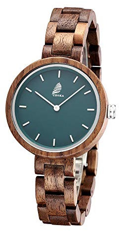 CZOKA Damenuhren aus Holz, 100% handgefertigt, Walnuss, Schwarz/Natur/Olive/Ebenholz, Japanisches Quarzuhrwerk, Damenuhren, verstellbares Armband aus Naturholz, Damenuhren mit Box, Walnuss-Schwarz,