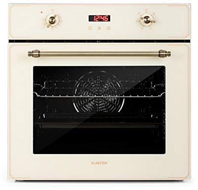 Klarstein Elizabeth - Elektrischer Einbaubackofen, Retro-Design, 70L, EEK A, Autark, Umluft/Ober- / Unterhitze/Grill, 2200 Watt, 50-250 °C, Drehregler und Türgriff in Messingoptik, creme
