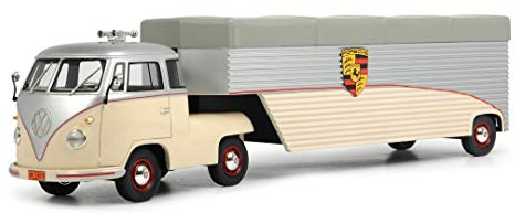 Schuco VW T1 Continental Motors, VW T1-Zugmaschine mit Auflieger, Resin, 1:18, Modellauto, silber-beige, limitierte Auflage