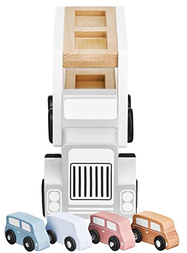 mamabrum Holz-Autotransporter Set mit 4 Autos und Abschleppwagen, Hebebühne & Sicherheitsanhänger, Kinderspielzeug 3-5 Jahre, 33 cm Länge, Pastellfarben