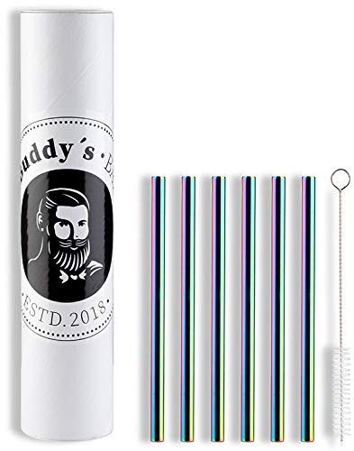 Buddy's Bar - Pailles réutilisables, 6 pailles dans un set + brosse de nettoyage, lavable au lave-vaisselle, écologique, durable et sans plastique, 15 cm de longueur, look arc-en-ciel